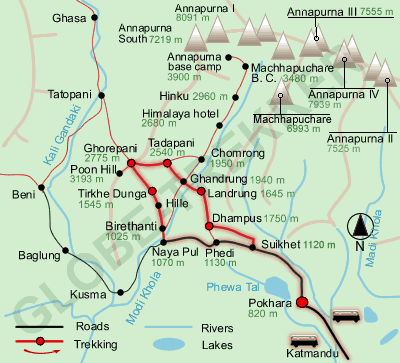 map of ghorepani trek
